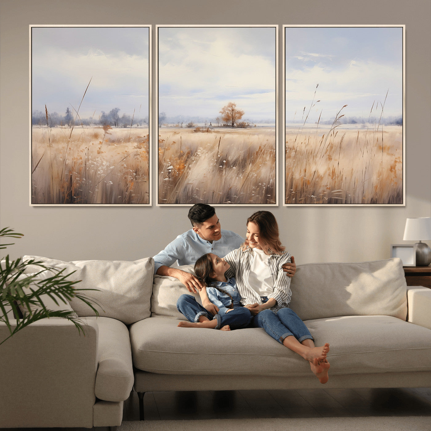 MGV-FC-60X30-3P - Golden Fields Canvas Wall Art Print – Serene Landscape of Nature’s Tranquility in Minimalist for Farmhouse Decor