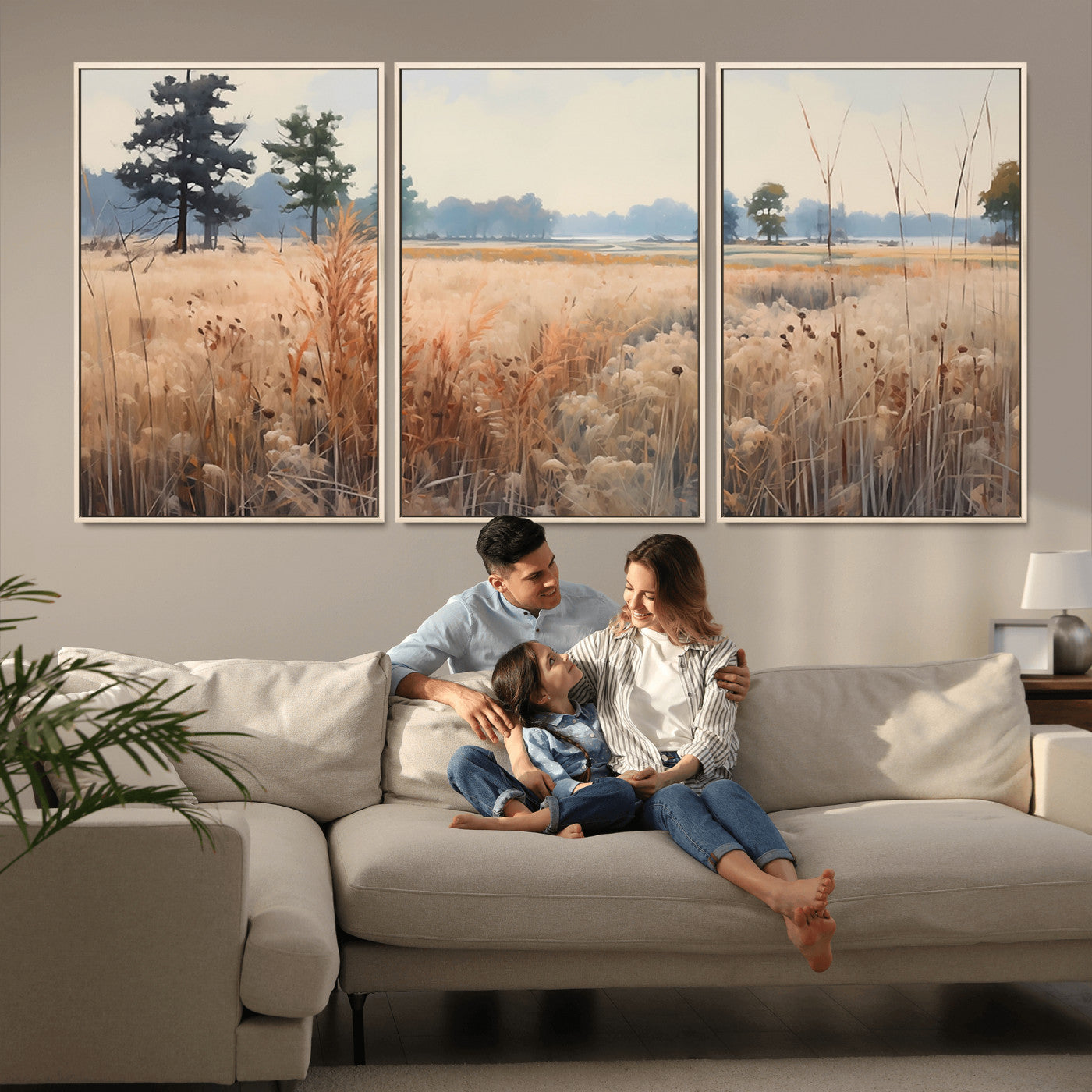 MGV-FC-60X30-3P - Golden Fields Canvas Wall Art Print – Serene Landscape of Nature’s Tranquility in Minimalist Modern Decor