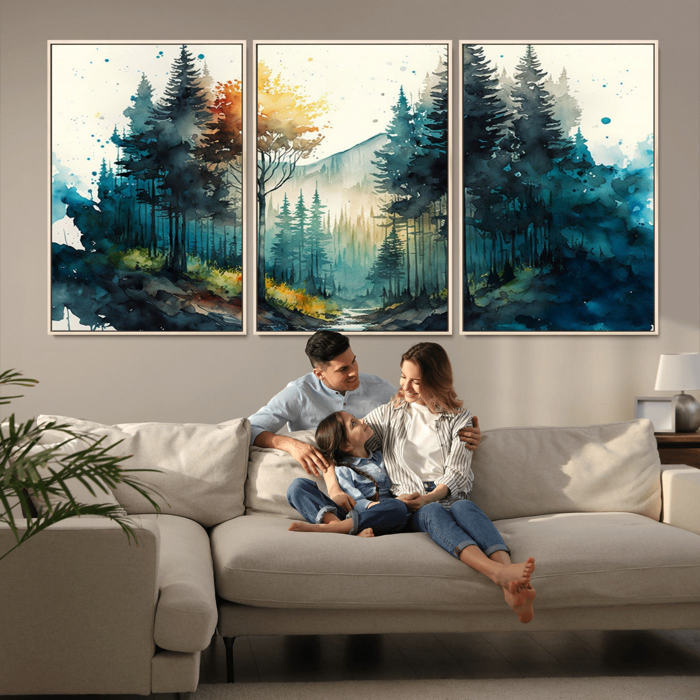 MGV-FC-60X30-3P - Watercolor Trees Forest Abstract Wall Art Canvas Print