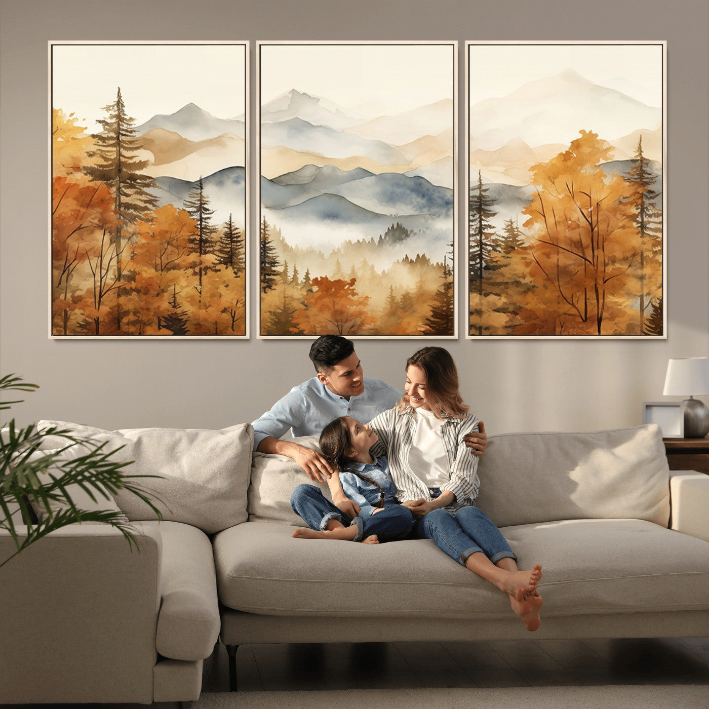 MGV-FC-60X30-3P - Golden Autumn Forest Wall Art | Mountain Landscape Canvas Print for Living Room or Bedroom | Large Wall Decor with Nature-Inspired Design