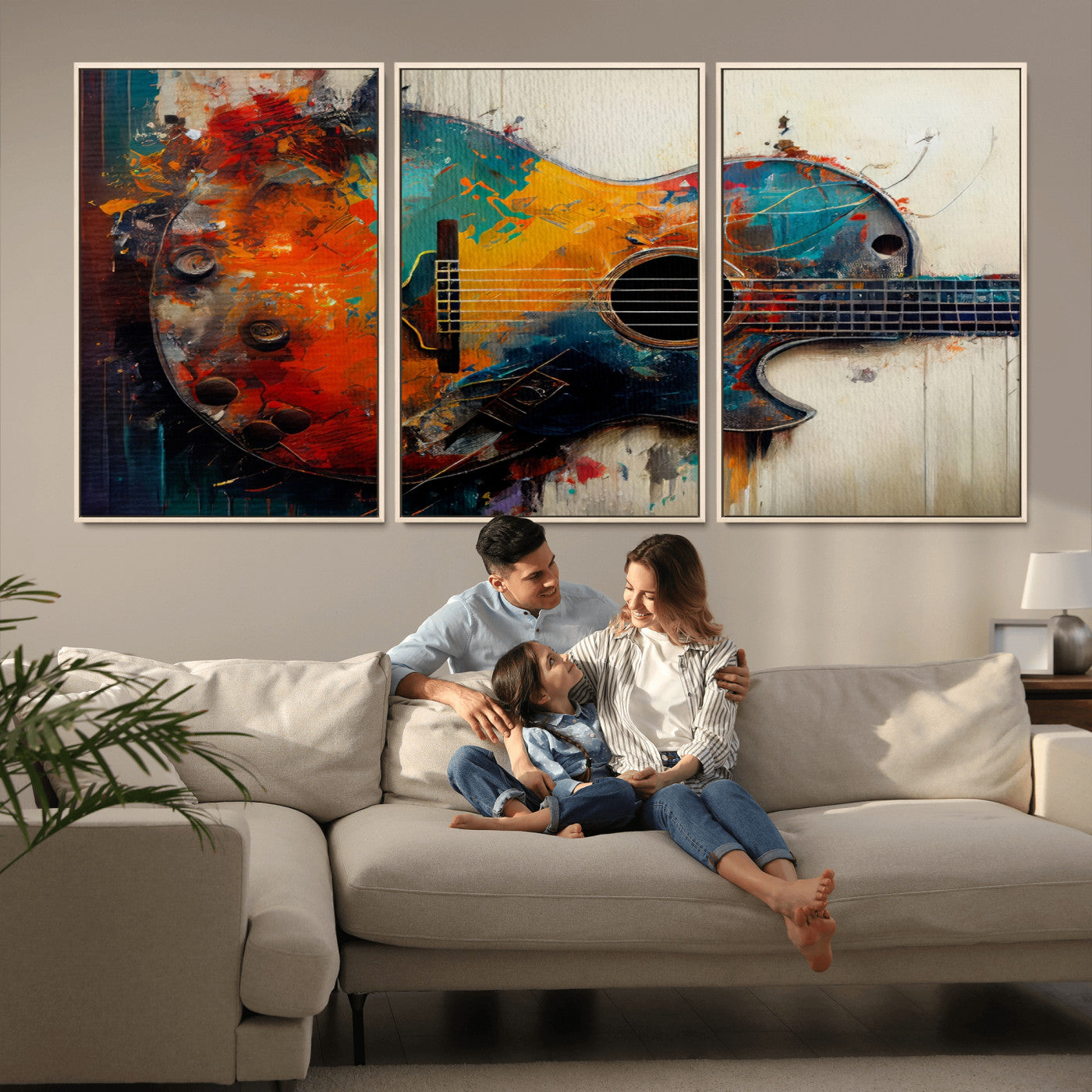 MGV-FC-60X30-3P - Abstract Guitar Wall Art Canvas | Vibrant Music-Inspired Art for Living Room or Studio | Colorful Music Decor Canvas Print