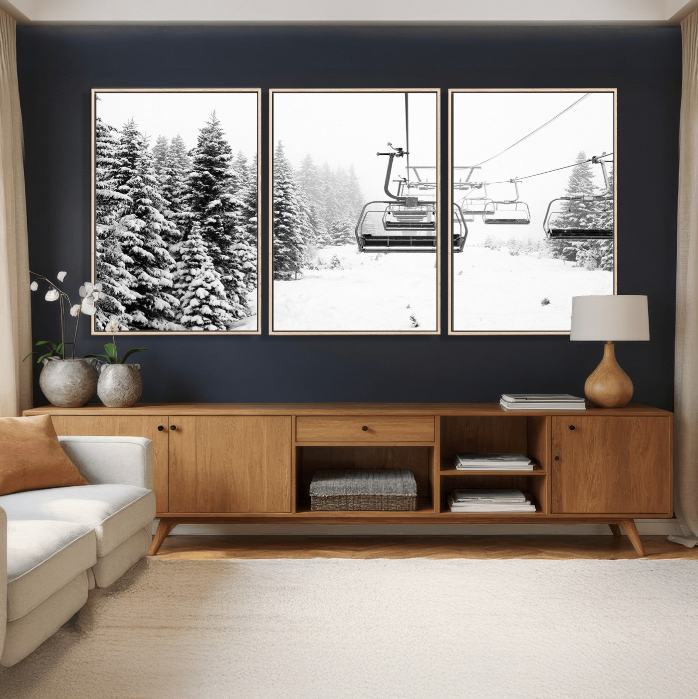70609-MGV-CV-36X24 - Winter Forest Wall Art Canvas Print, Framed Snowy Forest Art Picture Print, Winter Ski Lift Perfect