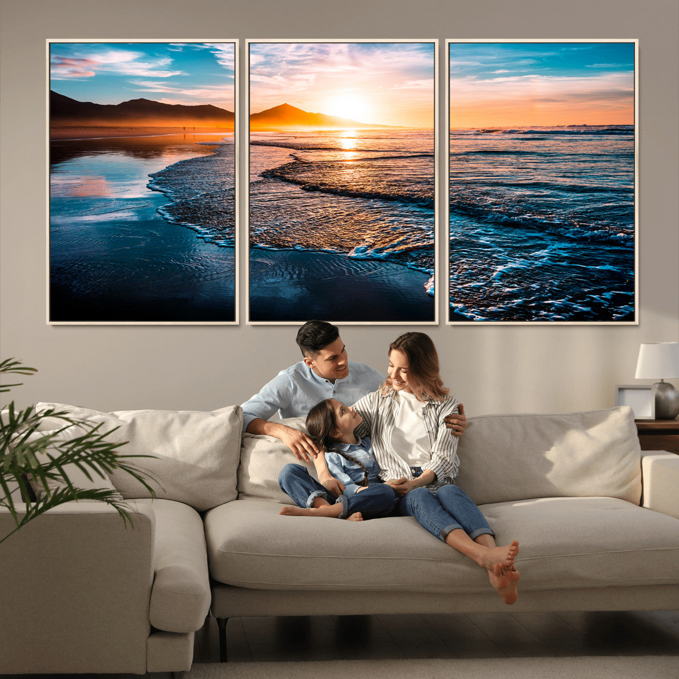 MGV-FC-60X30-3P - Sunset Beach Ocean Canvas Wall Art – Tranquil Ocean Reflections at Dusk – Ready to Hang