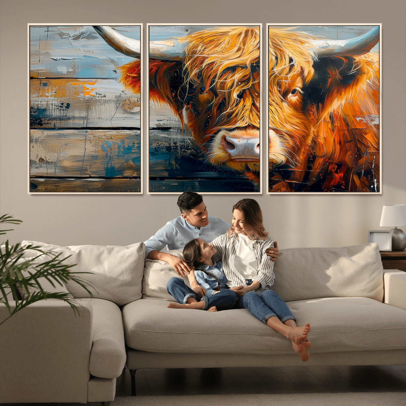 -Highland Cow Abstract Canvas Wall Art – Bold Farmhouse Rustic Decor – Ready to Hang