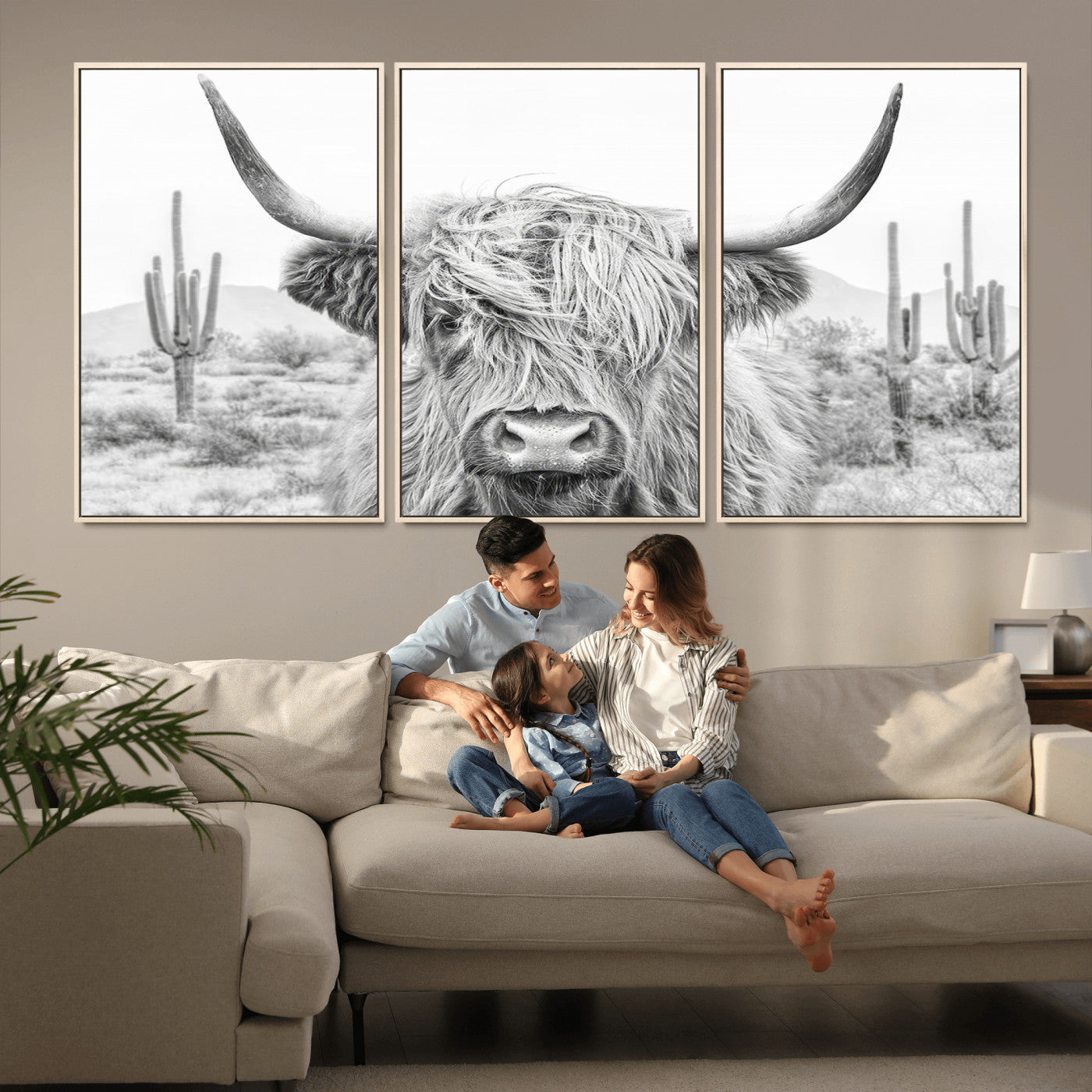 -Rustic Charm | Cow Longhorn Black White Bighorn Wall Art Canvas Print | Farmhouse Wall Art
