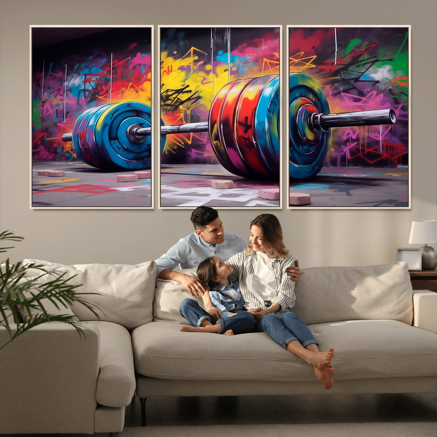 MGV-FC-60X30-3P - Abstract Graffiti Barbell Canvas Wall Art – Urban Fitness Meets Bold Street Art Print - Gym Wall Art Print