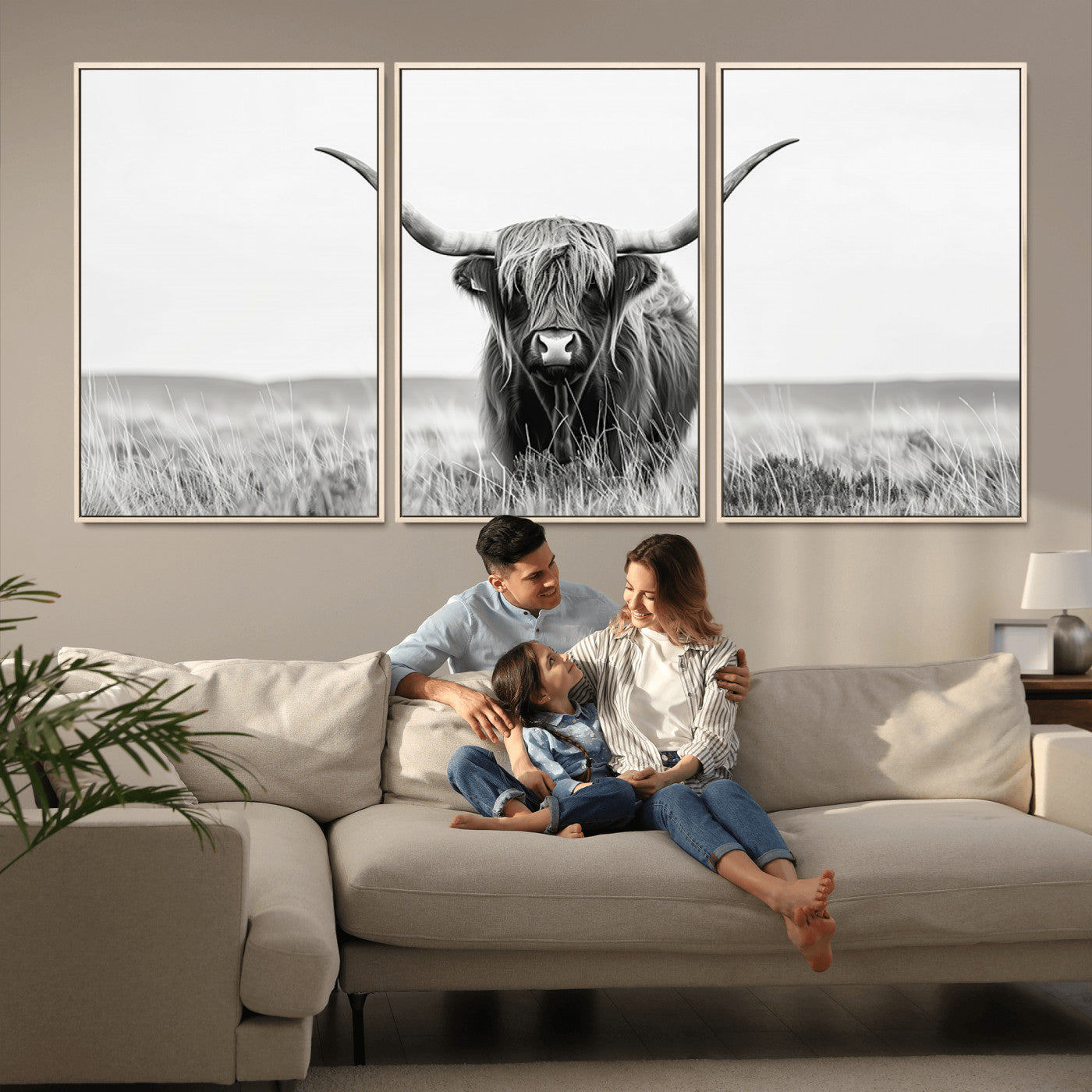 MGV-FC-60X30-3P - Highland Cow Canvas Wall Art – Majestic Beauty in Black and White – Ready to Hang