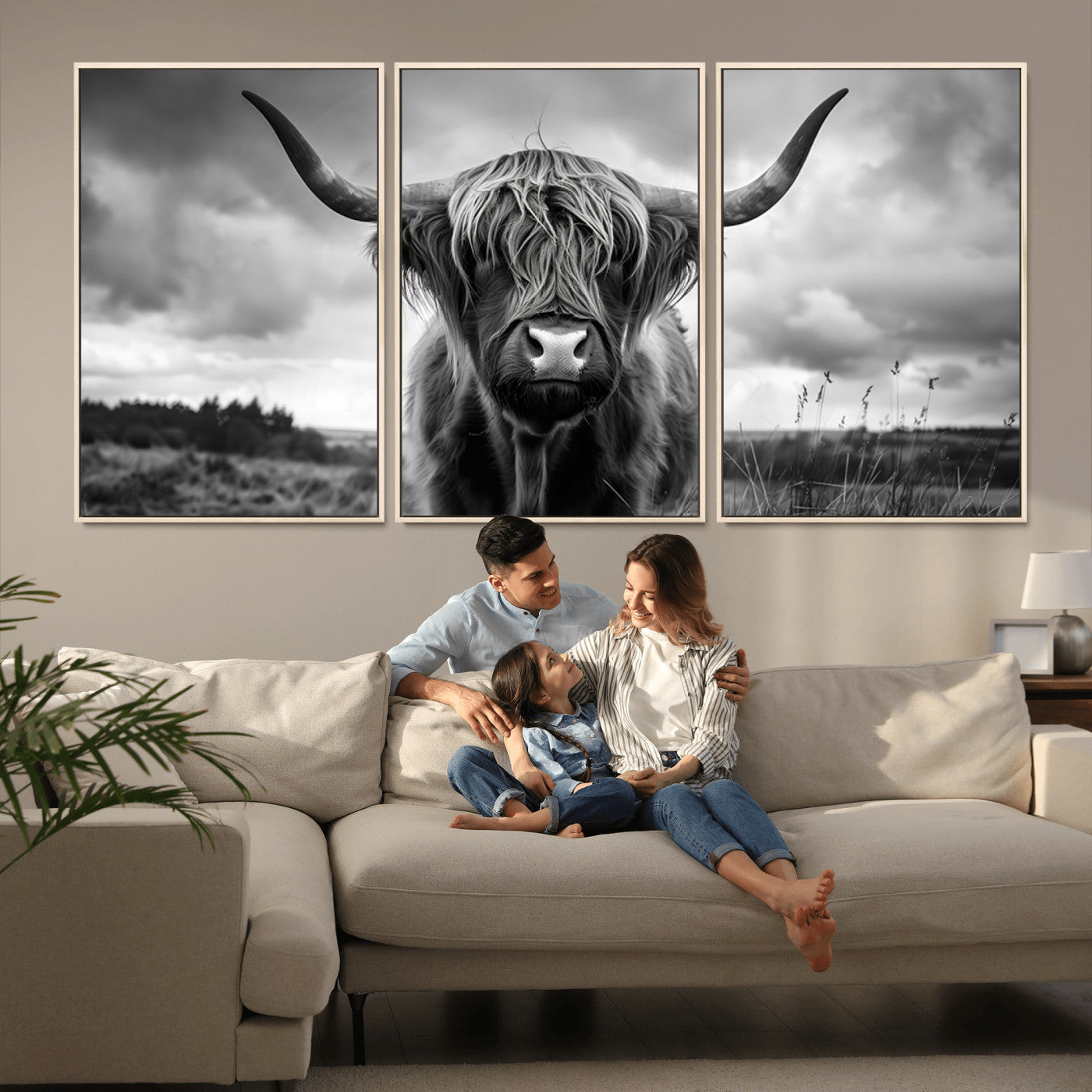 MGV-FC-60X30-3P - Scottish Cow Wall Art Canvas Print | Longhorn Wall Art | Bighorn Animal Wall Art