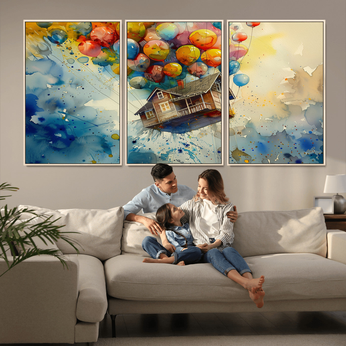 MGV-FC-60X30-3P - UP-Inspired Floating House with Balloons Canvas Art – Colorful 3-Panel Wall Decor for Living Room,