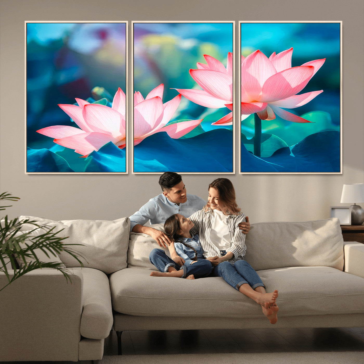 MGV-FC-60X30-3P - Pink Lotus Flower Canvas Wall Art | Vibrant Floral Wall Decor for Living Room, Office, or Bedroom | Large Botanical Art