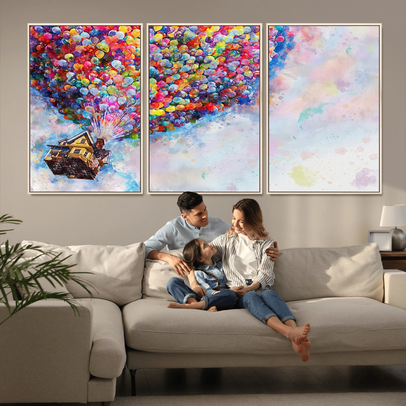 MGV-FC-60X30-3P - Don't Look Up Movie Canvas Wall Art - Vibrant Floating House and Balloons Scene, Tribute to Iconic