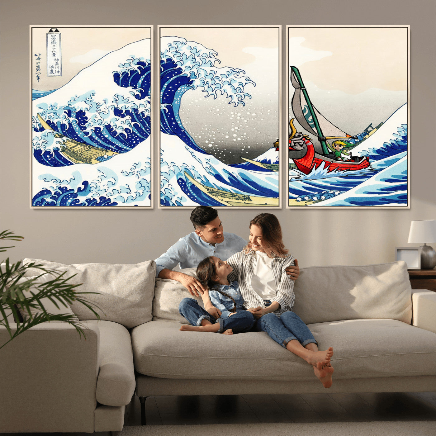 MGV-FC-60X30-3P - Katsushika Hokusai Kanagawa Giant Wave Wall Art Canvas Print | Iconic Japanese Art for Living Room