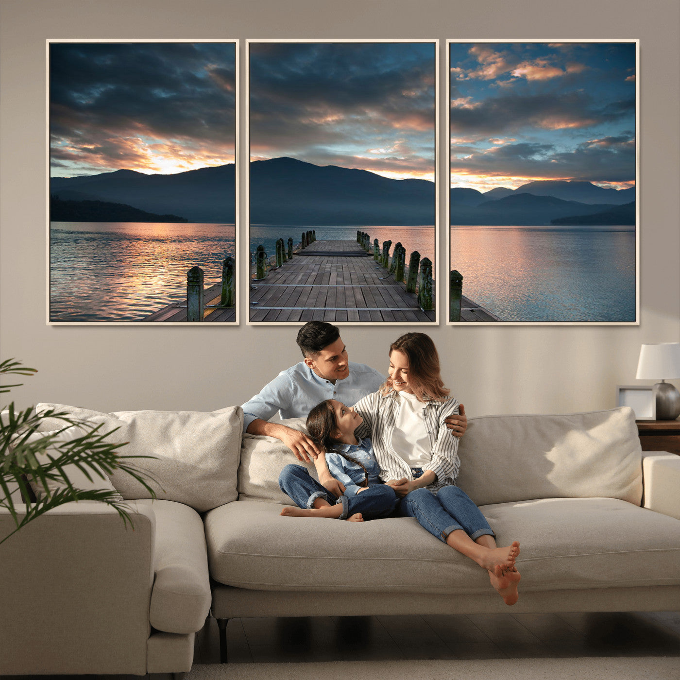MGV-FC-60X30-3P - Mountain Lake Wood Pier Canvas Wall Art Nature Lake Print