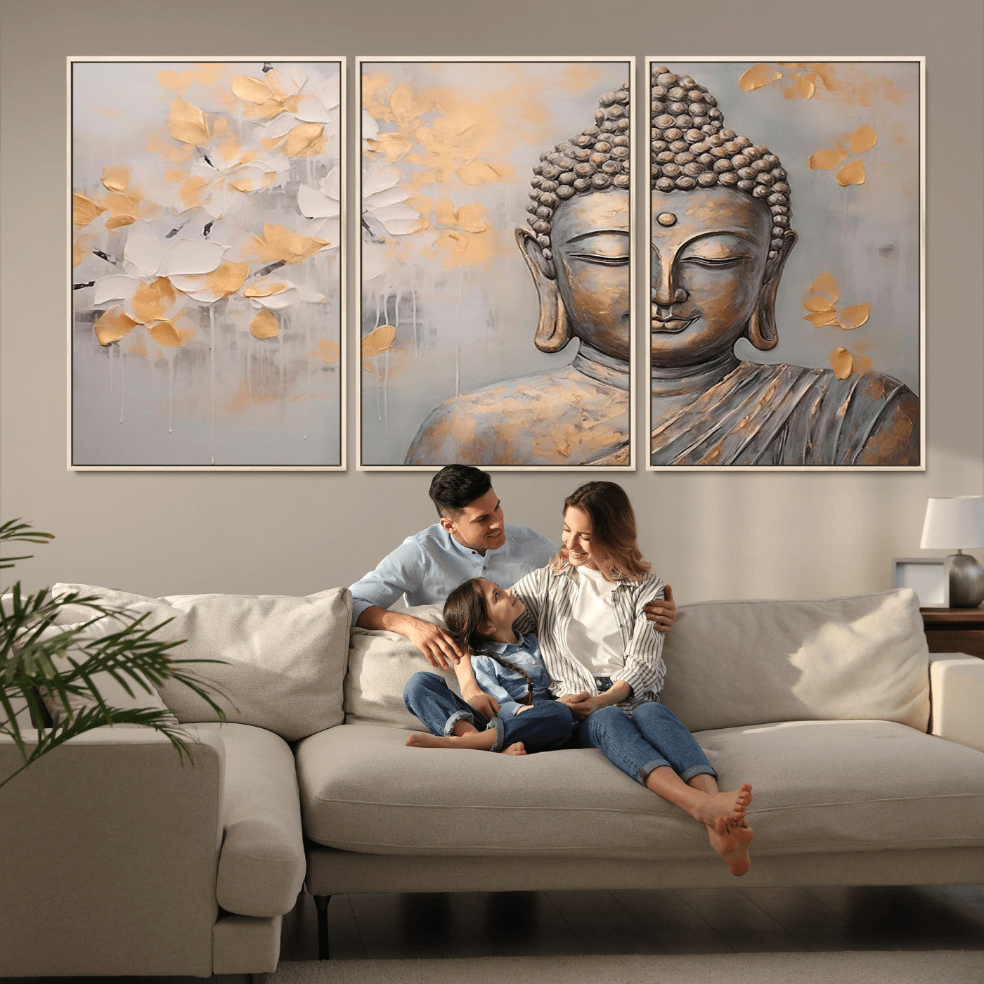 MGV-FC-60X30-3P - Abstract Buddha Statue Wall Art Canvas Print - Modern Meditation Decor for Living Room, Office, Yoga Studio Decor