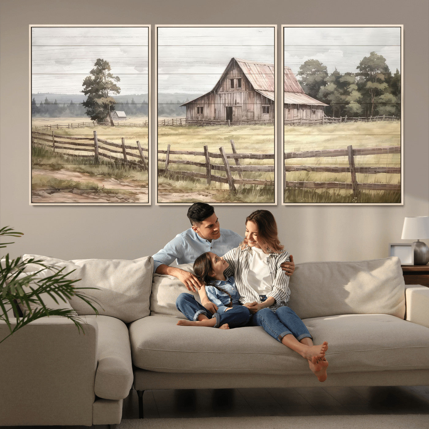 MGV-FC-60X30-3P - Rustic Farmhouse Barn Wall Art | 3-Panel Framed Gallery Wrap Giclee Canvas Print for Living Room, Farmhouse, or Office | Country Landscape Wall Art