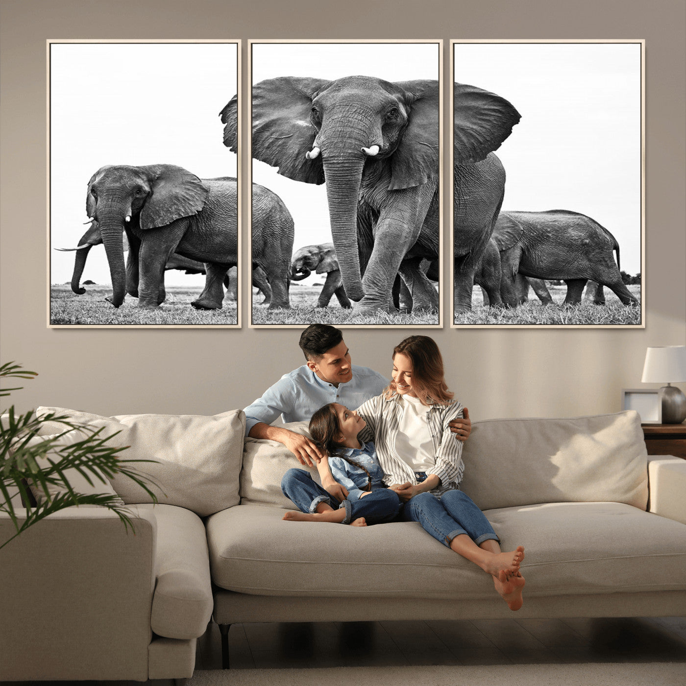 MGV-FC-60X30-3P - Black White Elephant Family Wall Art Canvas Print