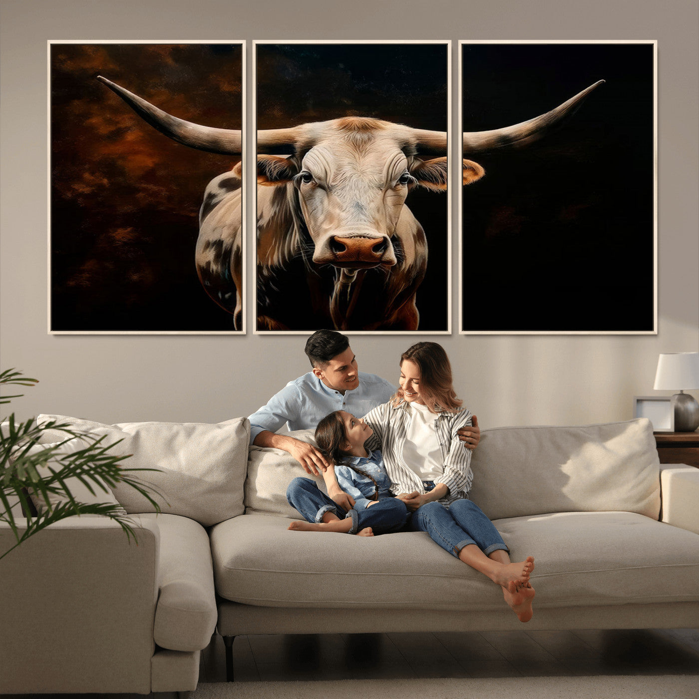 MGV-FC-60X30-3P - Texas Longhorn Wall Art | 3-Panel Large Texas Longhorn Canvas Print for Living Room, Office, or Farmhouse Decor | Framed Giclee Longhorn Wall Art