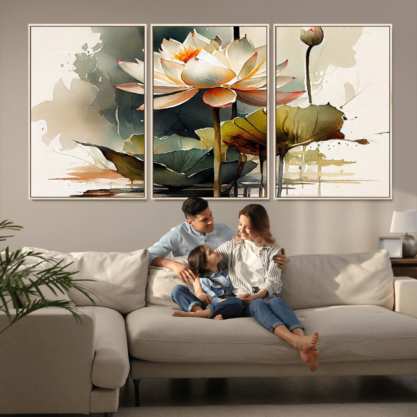 MGV-FC-60X30-3P - Lotus Flower Watercolor Canvas Print – A Symbol of Serenity and Growth, Captured in Soft Watercolors – Contemporary Wall Art for Tranquil Spaces