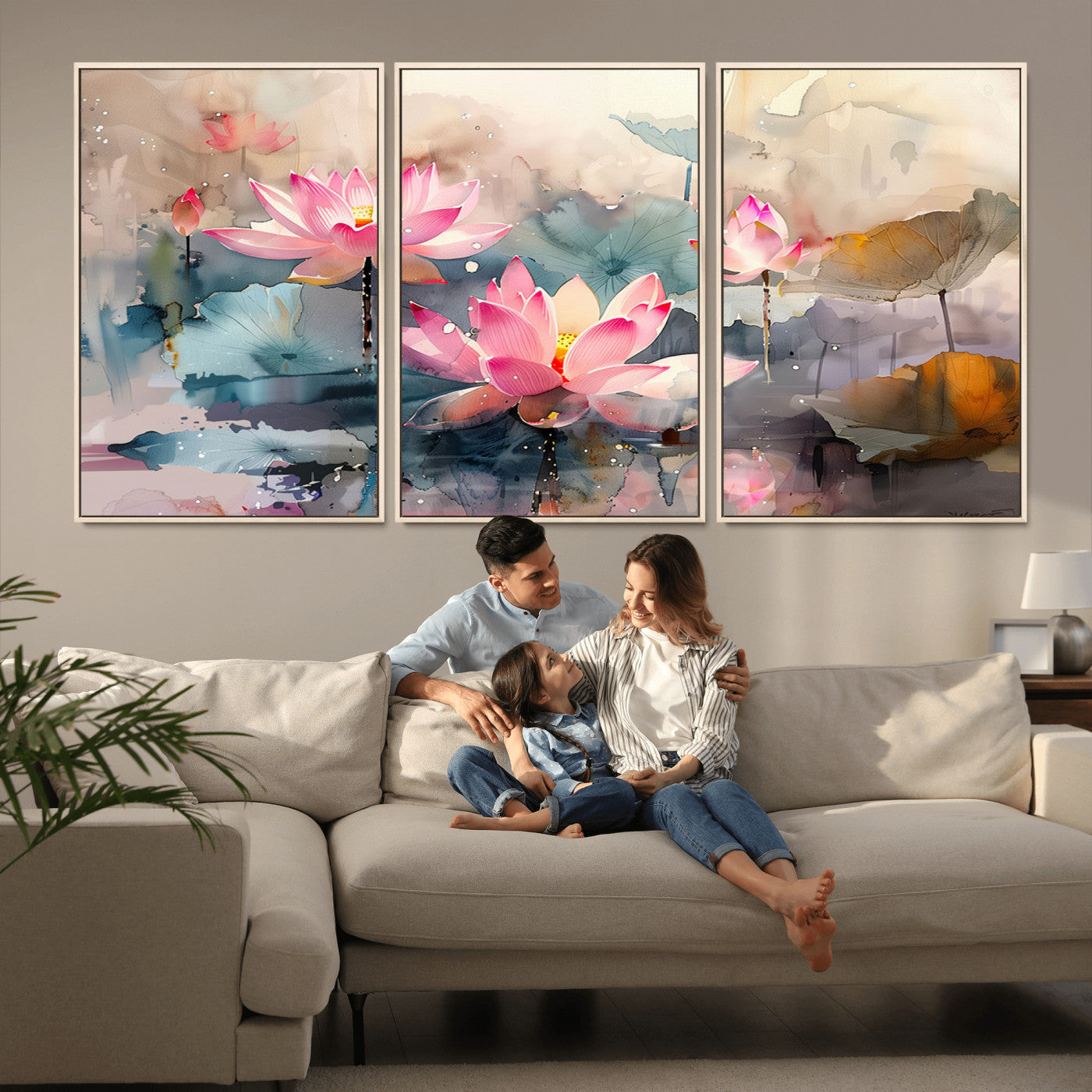 MGV-FC-60X30-3P - Lotus Flower Wall Art | 3-Panel Giclee Canvas Print of Pink Lotus Blossoms for Living Room, Bedroom, Office | Framed Lotus Floral Wall Art Decor Print