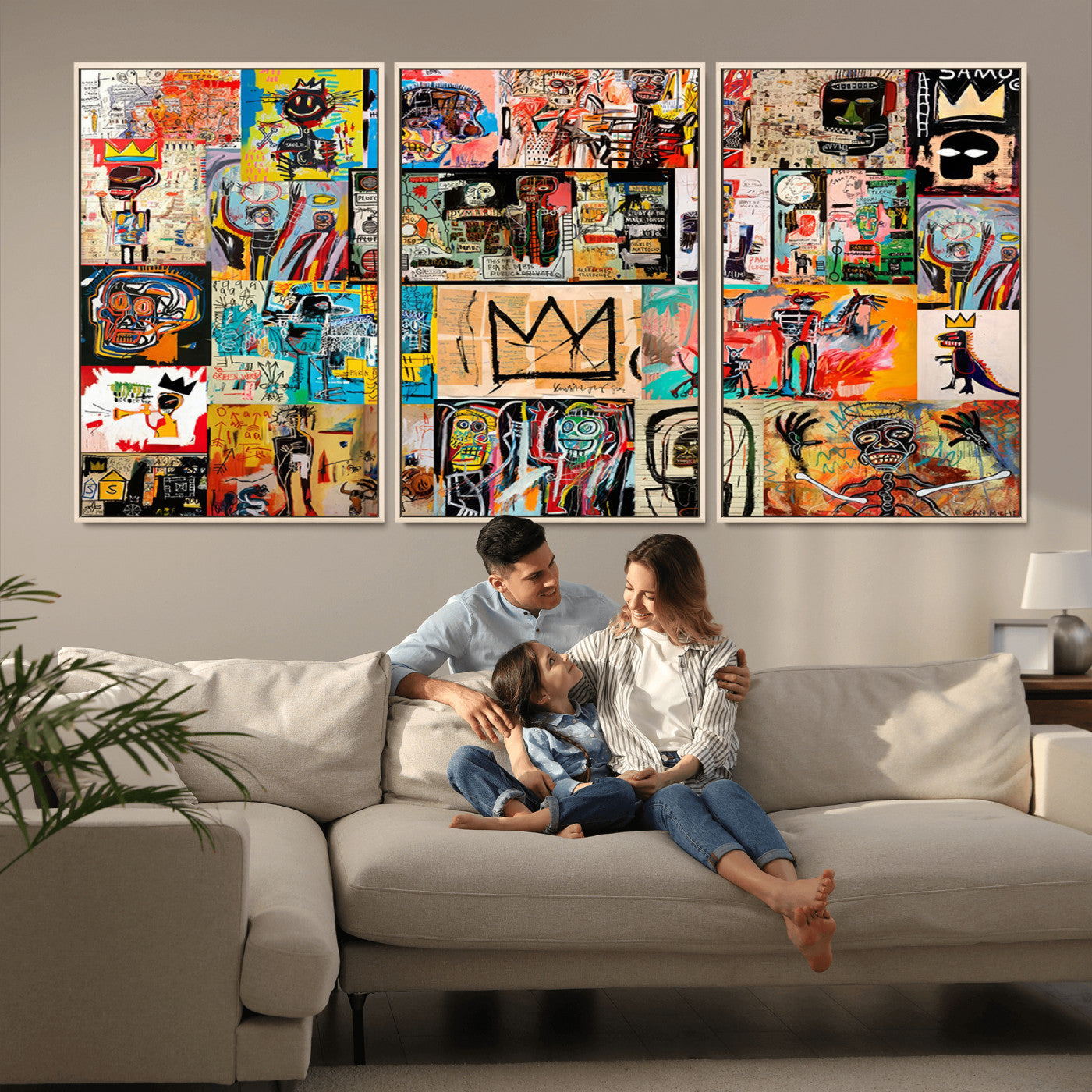 MGV-FC-60X30-3P - Basquiat Art Collage Wall Art Canvas Print – Framed, Ready to Hang, Urban Graffiti Style