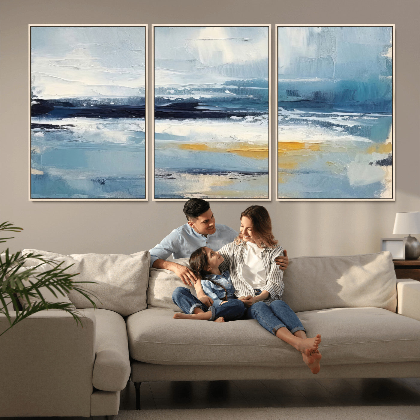 MGV-FC-60X30-3P - Abstract Ocean Canvas Wall Art - Coastal Blue and Gold Textured Painting, Modern Seascape Decor for Living Room Decor