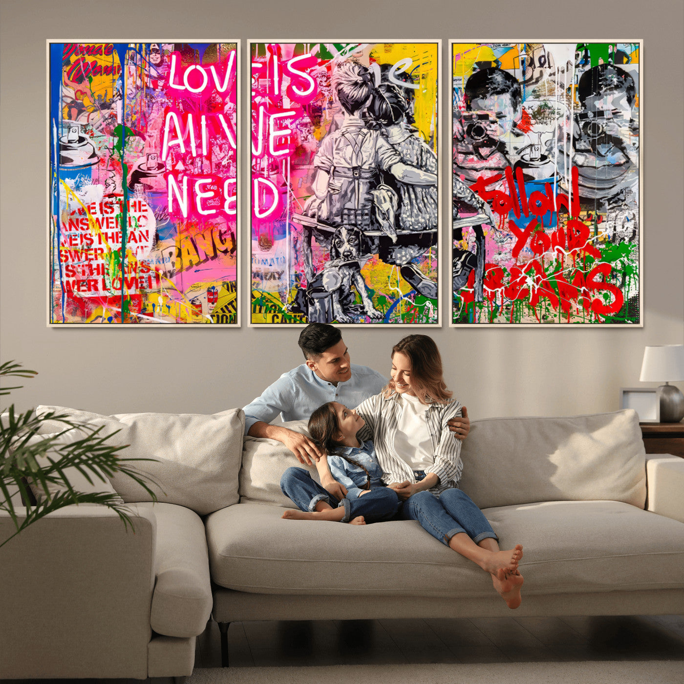 MGV-FC-60X30-3P - Follow Your Dreams & Love is All We Need Graffiti Street Art Triptych | 3-Panel Colorful Urban Wall Art for Living Room, Office, Loft Graffiti Wall Art Print