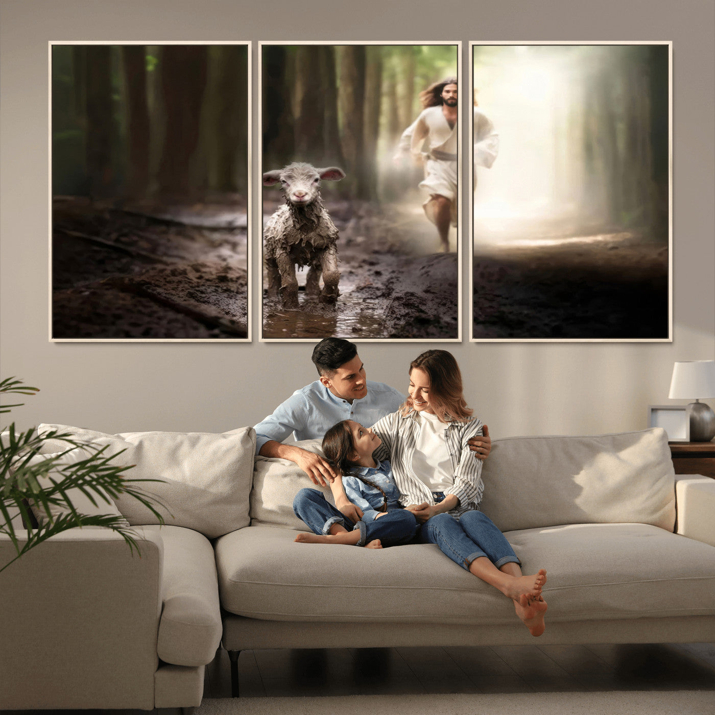 MGV-FC-60X30-3P - Jesus Canvas Wall Art - Jesus Running After Lost Lamb, Jesus, Christian Home Decor - Church Wall Art