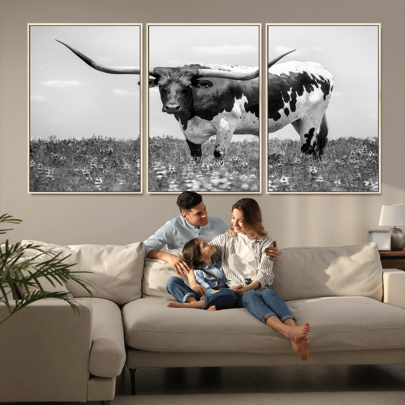 -Texas Black White Highland Longhorn Cow Wall Art Canvas Print
