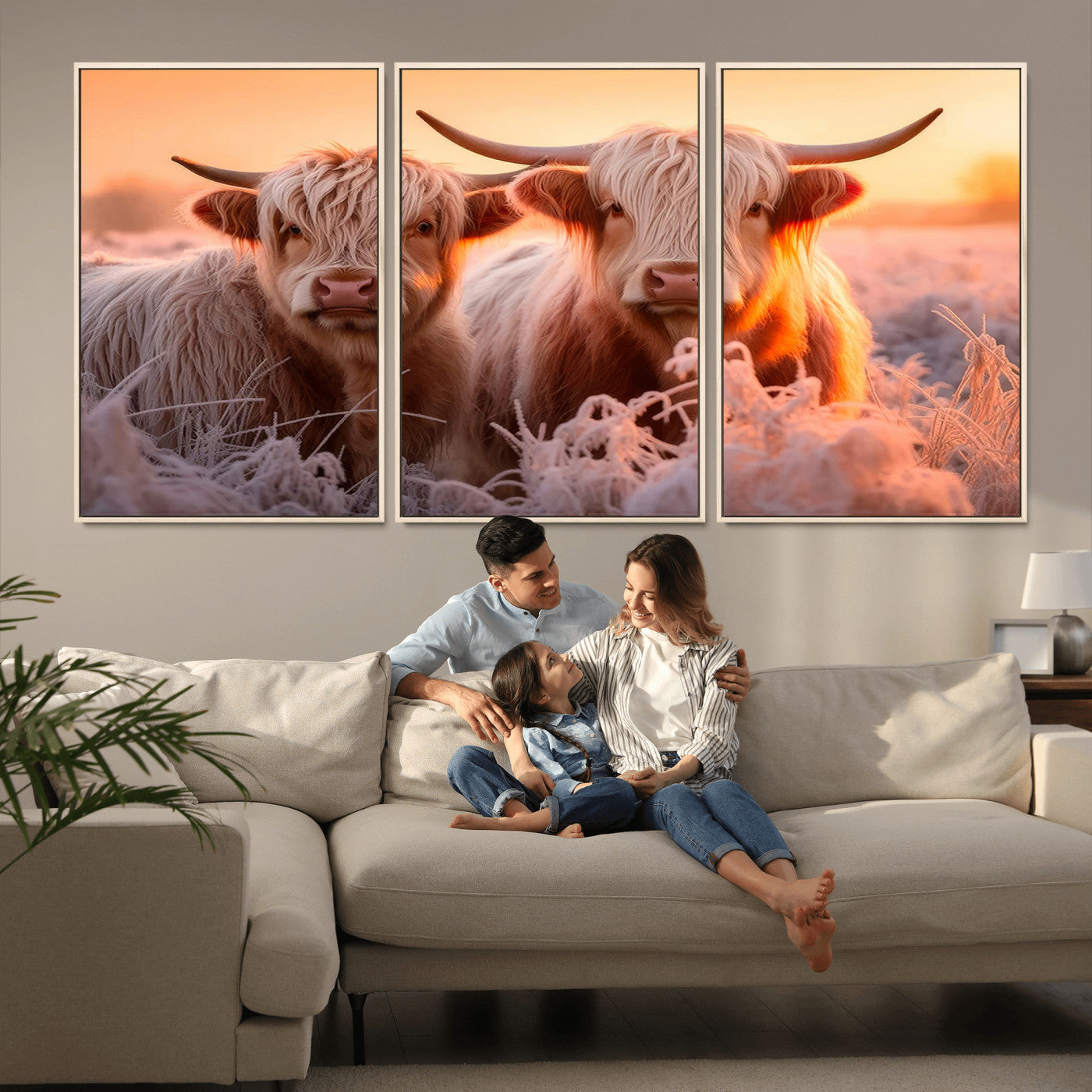 -Highland Cows at Sunrise Wall Art Canvas Set – Serene and Rustic Farmhouse Decor
