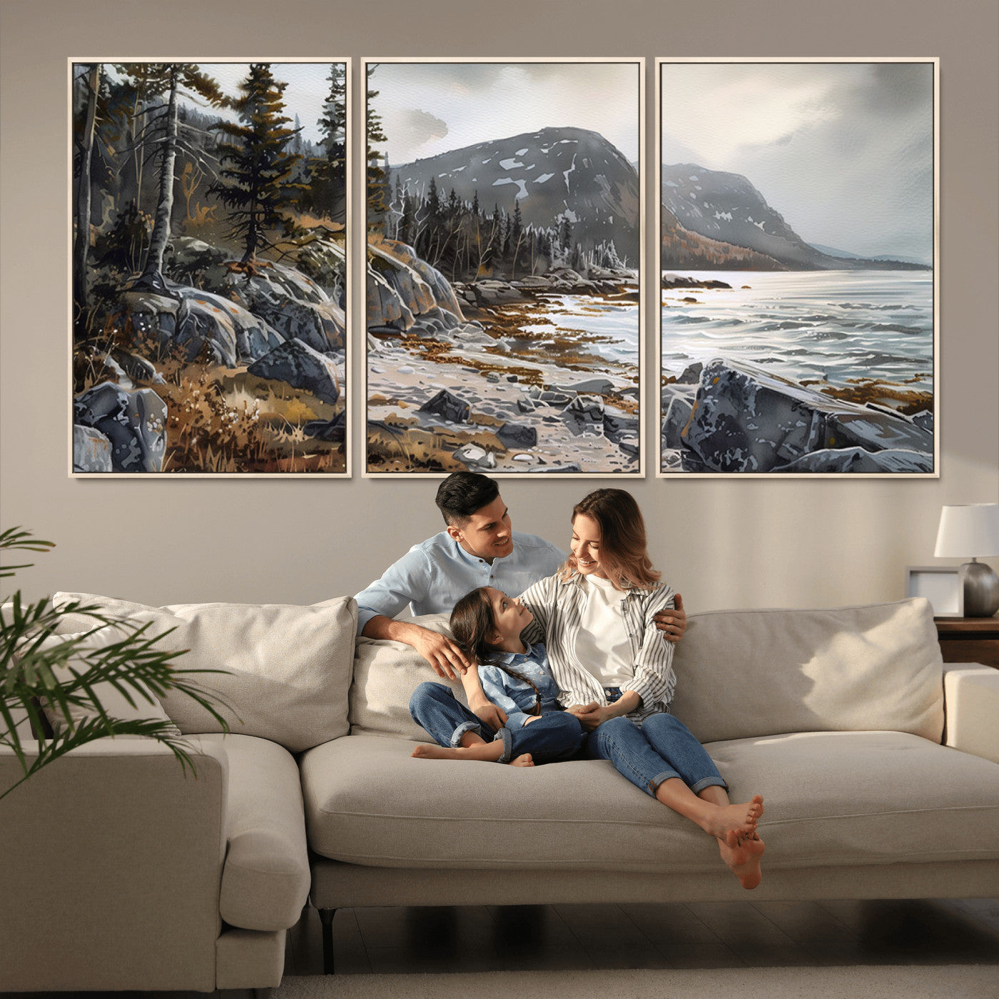 -Serene Coastal View of Acadia National Park - Stunning 3-Panel Wall Art Canvas Print, Framed, Ready