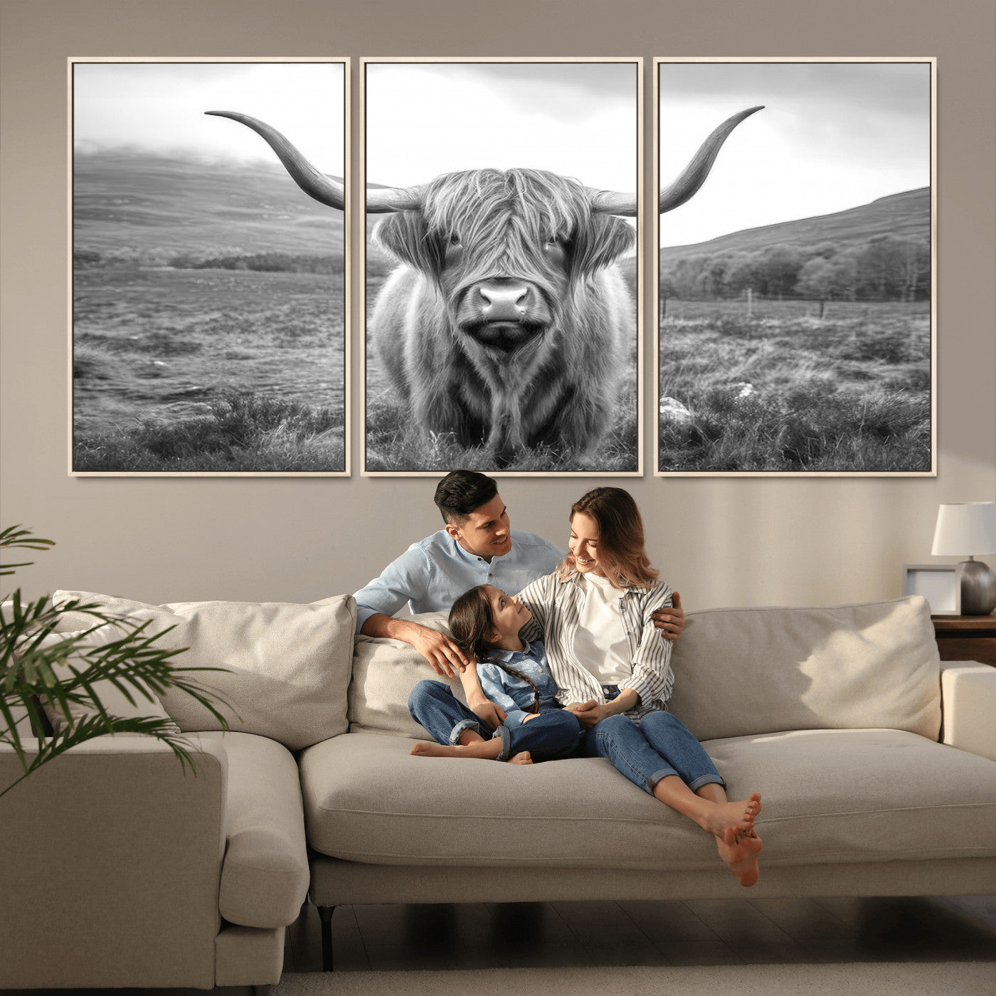 MGV-FC-60X30-3P - Black White Scottish Highland Cow Canvas Farm Wall Art Canvas Print