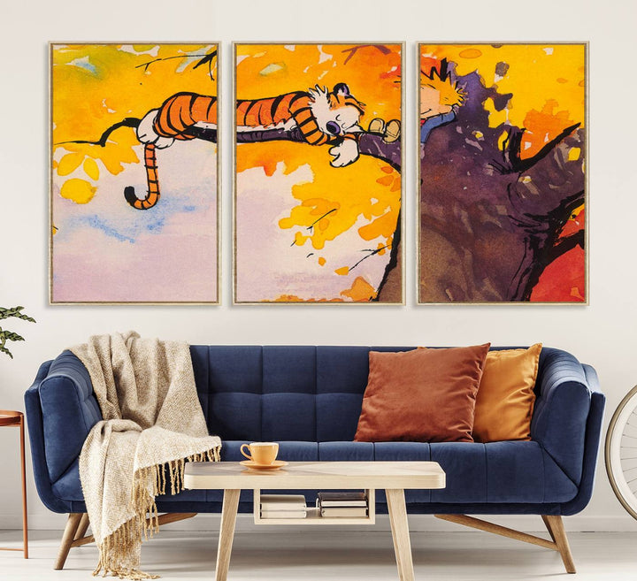 Premium canvas Calvin Wall Arts featuring a boy and tiger relaxing on a branch.