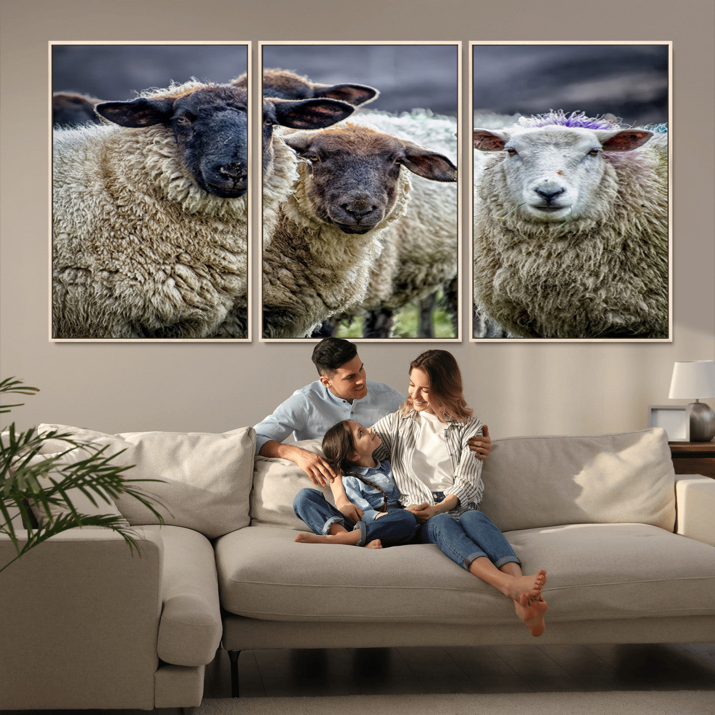 -Charming Sheep Portrait Wall Art – Trio of Woolly Companions Canvas Print, Framed, Ready to Hang
