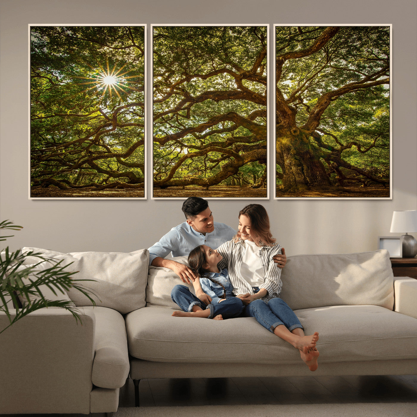 MGV-FC-60X30-3P - Ancient Angel Oak Tree Art Sunburst Canvas Print- Nature-Inspired Triptych Canvas Print, Framed, Ready to Hang