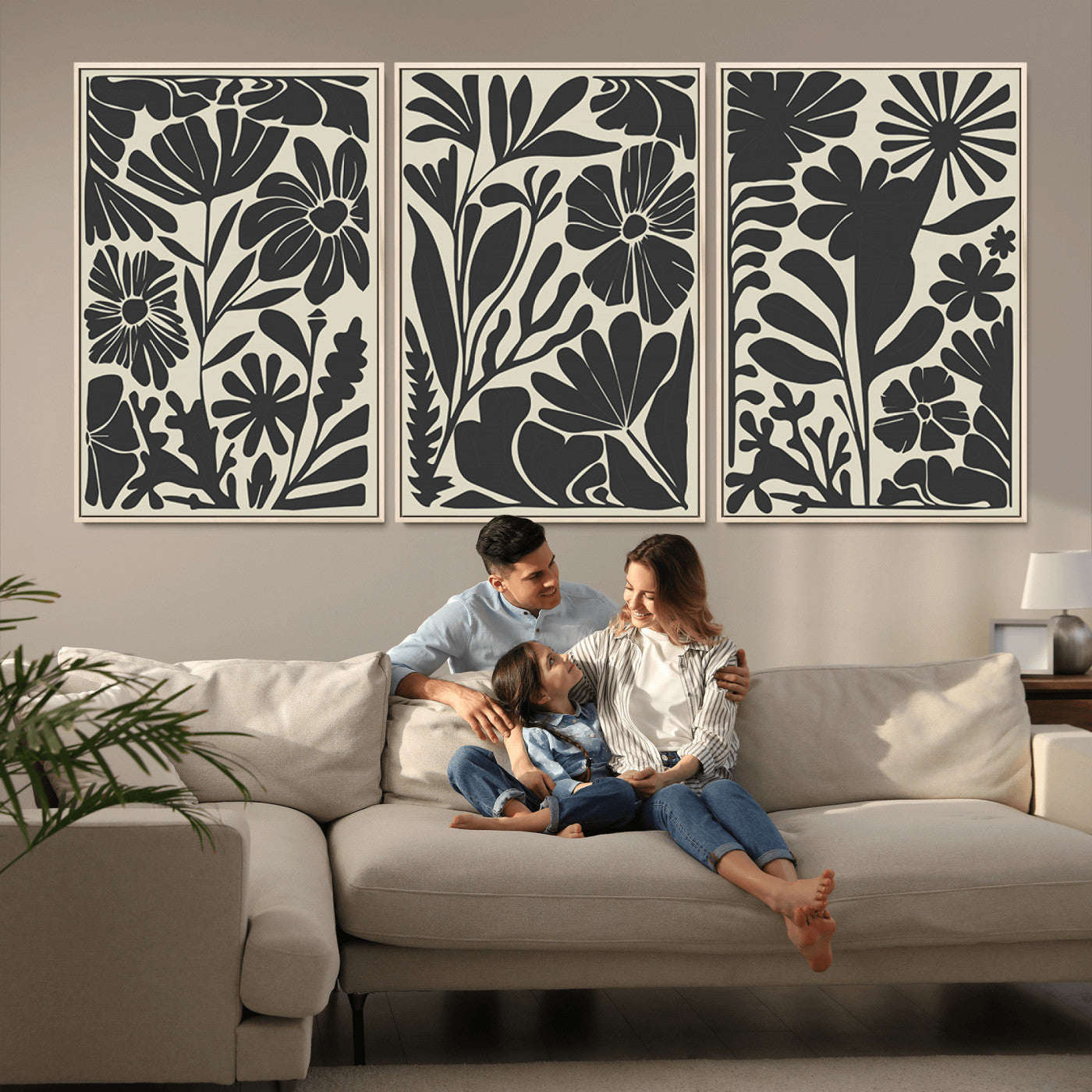 MGV-FC-60X30-3P - Modern Botanical Wall Art - Floral Black and White Canvas Print, Framed, Ready to Hang