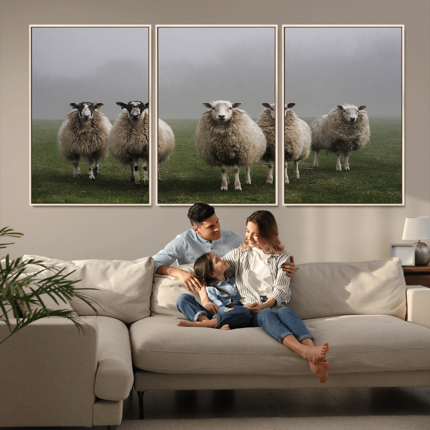 -Flock of Sheep in a Mystical Fog – Pastoral Wall Art Canvas Print, Framed, Ready to Hang