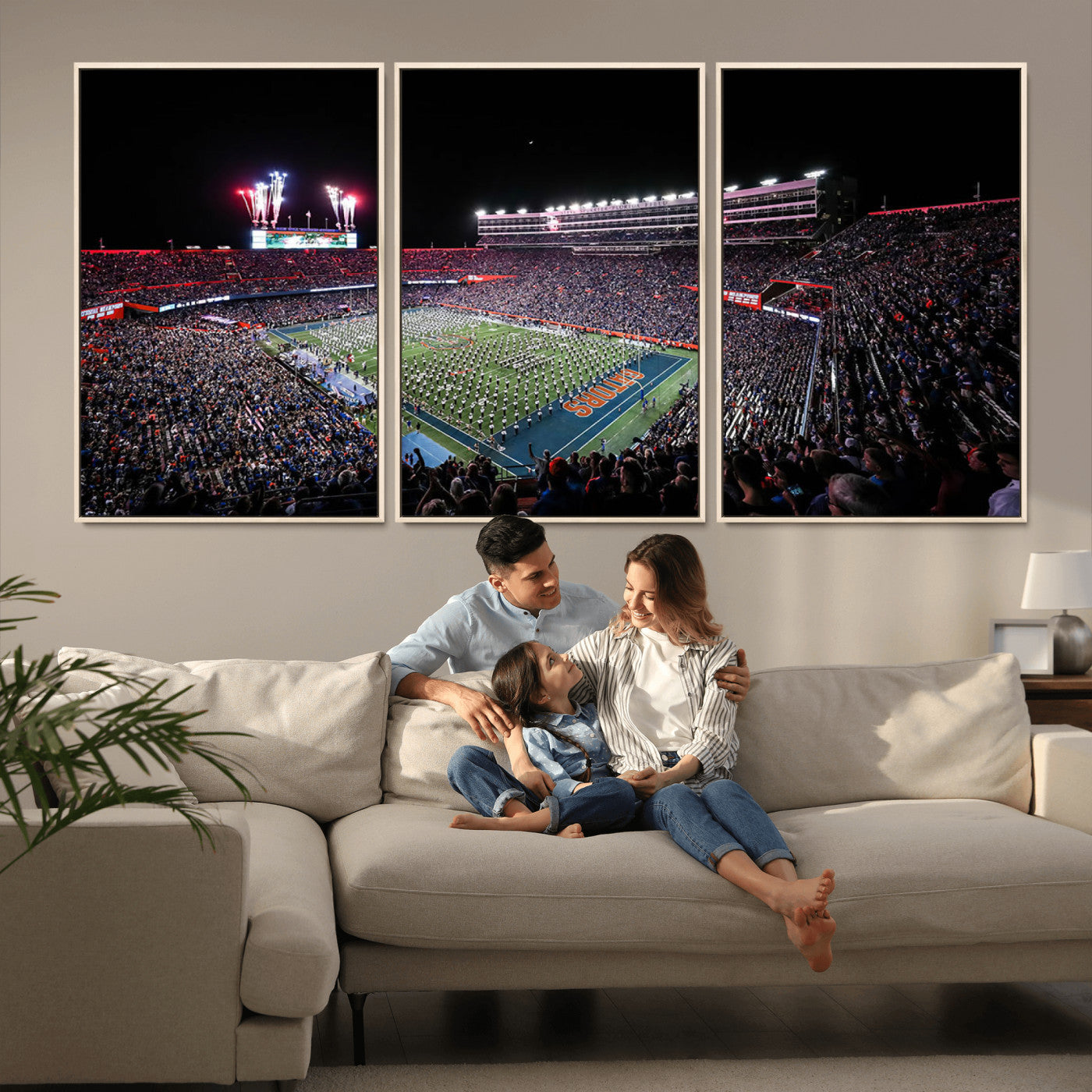 MGV-FC-60X30-3P - Ben Hill Griffin Stadium Night Game Triple Canvas Wall Art - Florida Gators Football Match