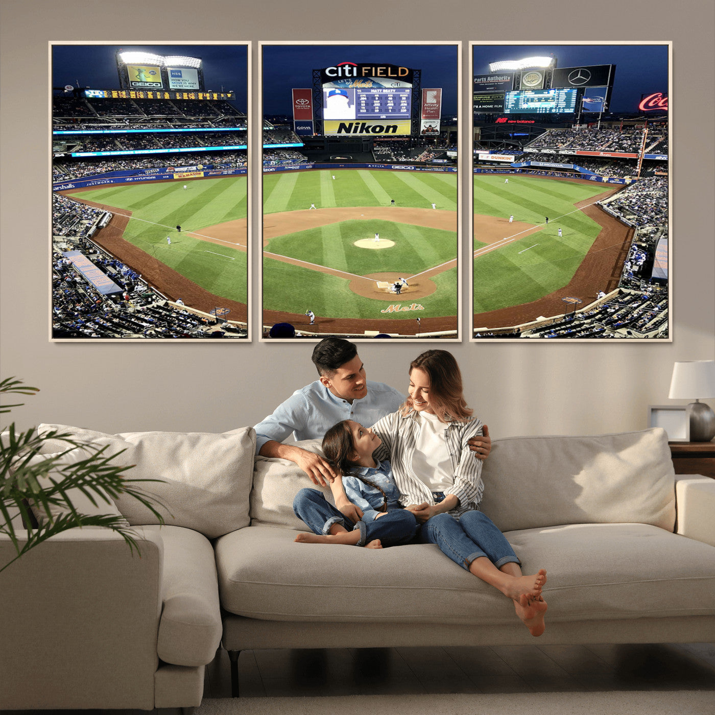 MGV-FC-60X30-3P - Citi Field Wall Art Print | 3-Panel New York Mets Baseball Stadium Canvas Print | Framed Sports Decor for Living Room, Man Cave, or Office Decor