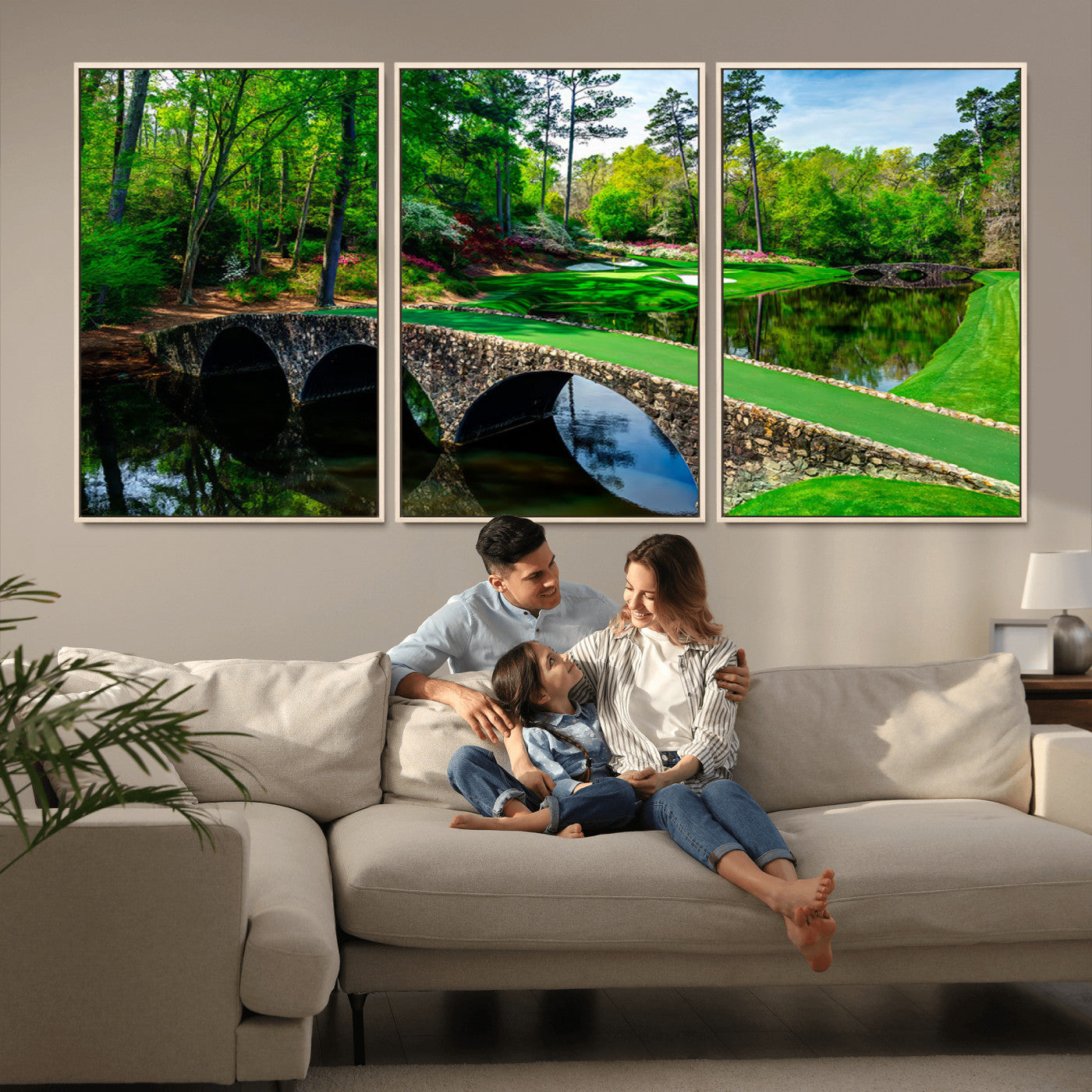 MGV-FC-60X30-3P - Augusta National Golf Club Wall Art - Panoramic Bridge & Lush Greenery – Premium Framed, Ready-to-Hang Triptych Canvas
