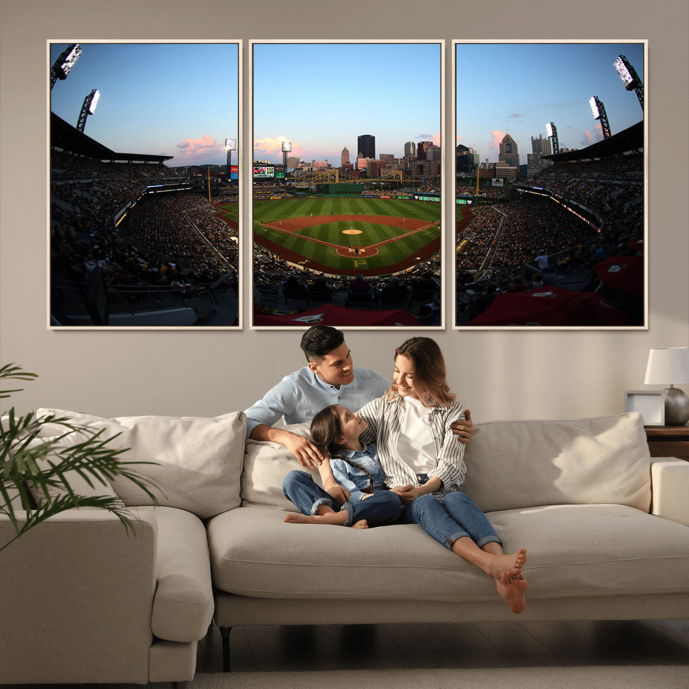 MGV-FC-60X30-3P - PNC Park Evening Game Triple Canvas Wall Art - Pittsburgh Pirates MLB Match - PNC Park Stadium Wall Art Canvas Print