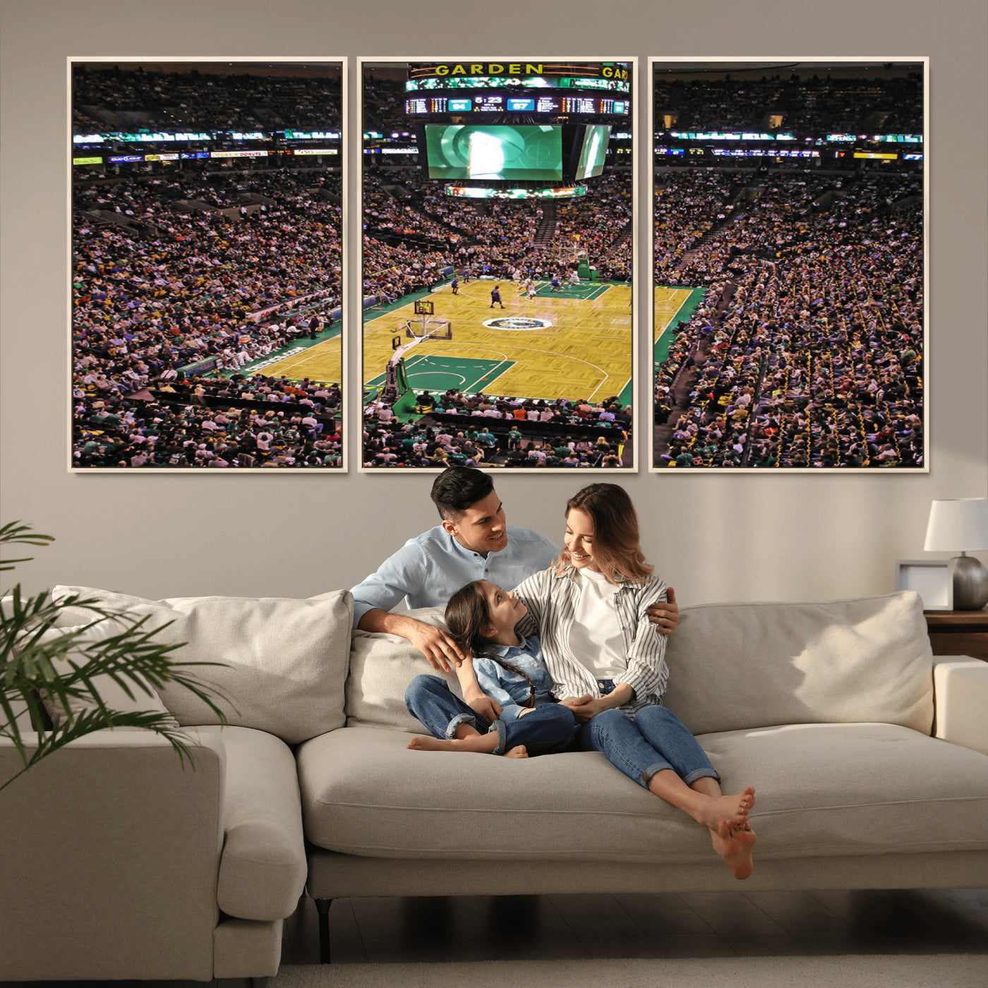 MGV-FC-60X30-3P - TD Garden Basketball Game Triple Canvas Wall Art - Boston Celtics Live Action - Framed - Ready to Hang