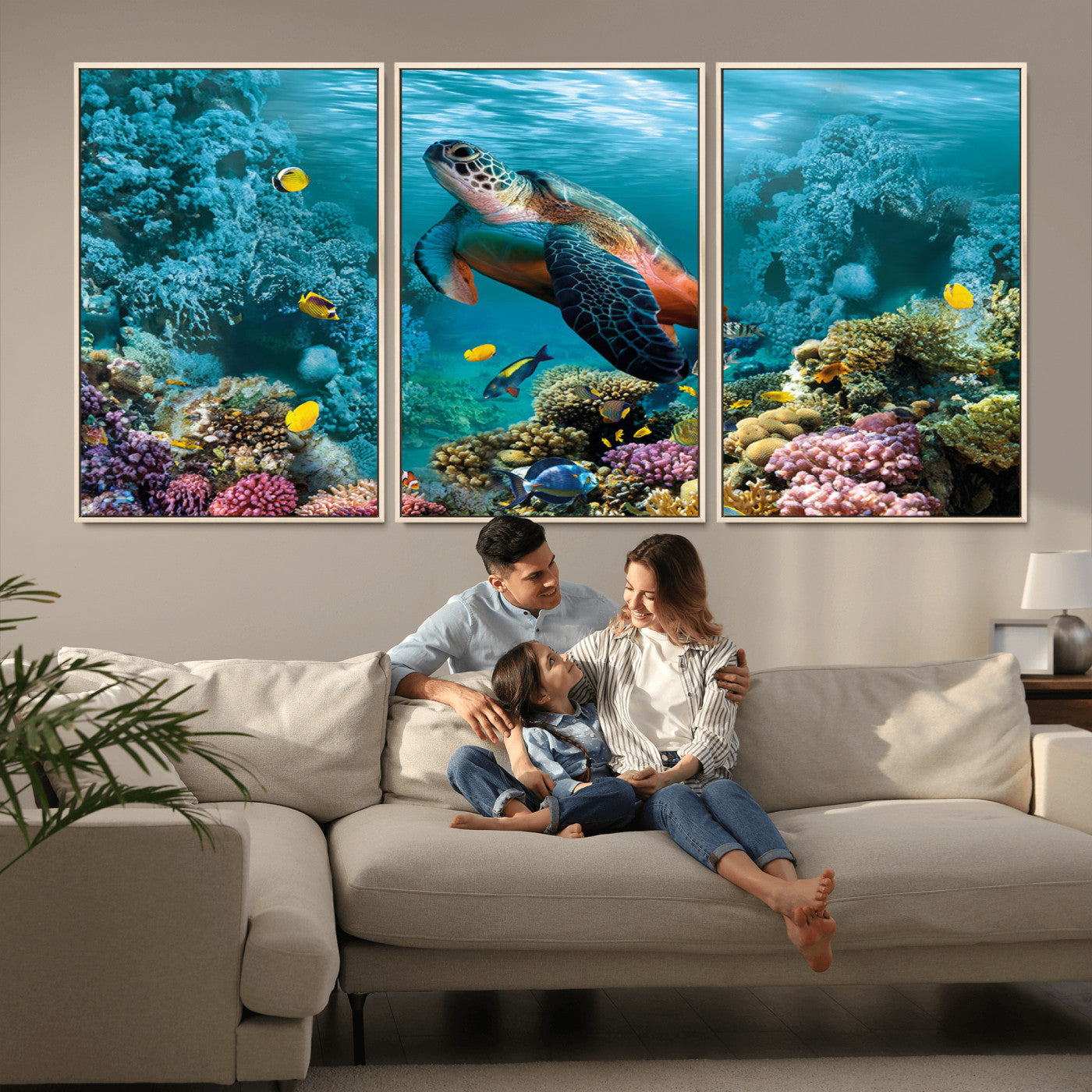 MGV-FC-60X30-3P - Sea Turtle and Coral Reef Triptych Wall Art – Vibrant Underwater Scene Canvas Set for Ocean Lovers and Coastal Decor – Ready to Hang 3-Panel Artwork