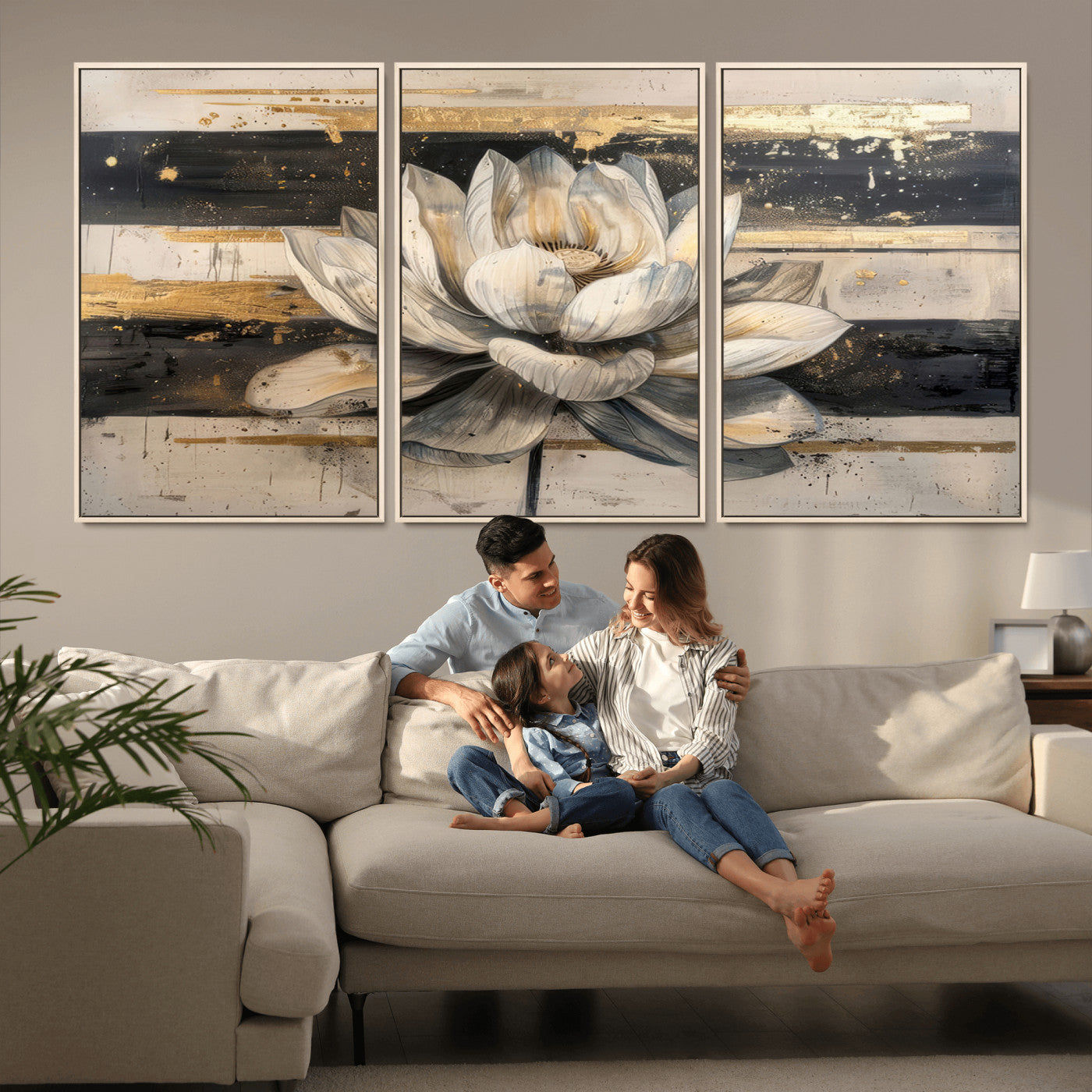 MGV-FC-60X30-3P - Lotus Flower Wall Art Canvas Print, Framed Abstract Lotus Art Picture Print, White Lotus Flower Perfect Abstract Floral Decor Artwork