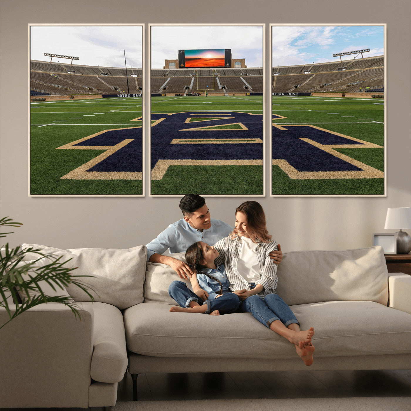 MGV-FC-60X30-3P - Notre Dame Stadium Giclee Canvas Print | Triptych Wall Art Featuring Iconic Notre Dame Football Field | Ready-to-Hang Sports Stadium Decor