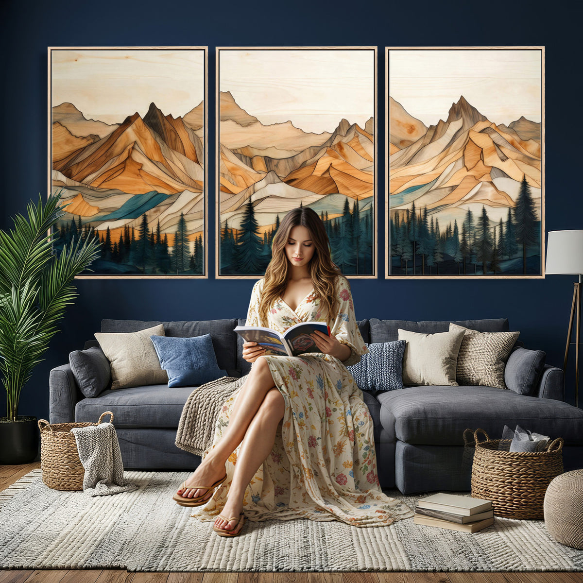 31576-MGV-CV-36X24 - Geometric Wood Mountain Landscape Wall Art Canvas Print, Rustic Forest Painting Print
