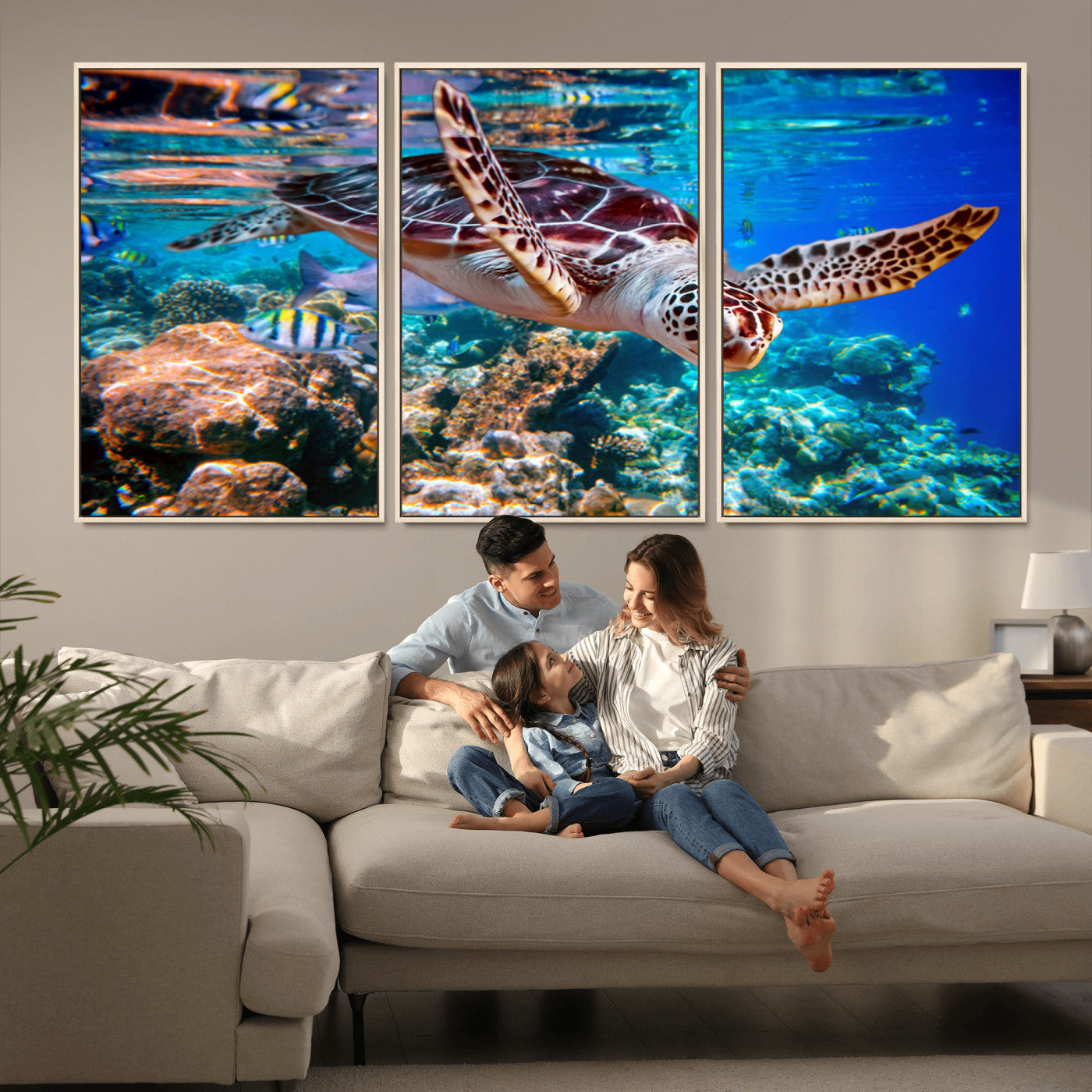 MGV-FC-60X30-3P - Underwater Coral Reef Sea Turtle Wall Art Canvas Print, Vibrant Marine Life | Colorful Ocean Scene