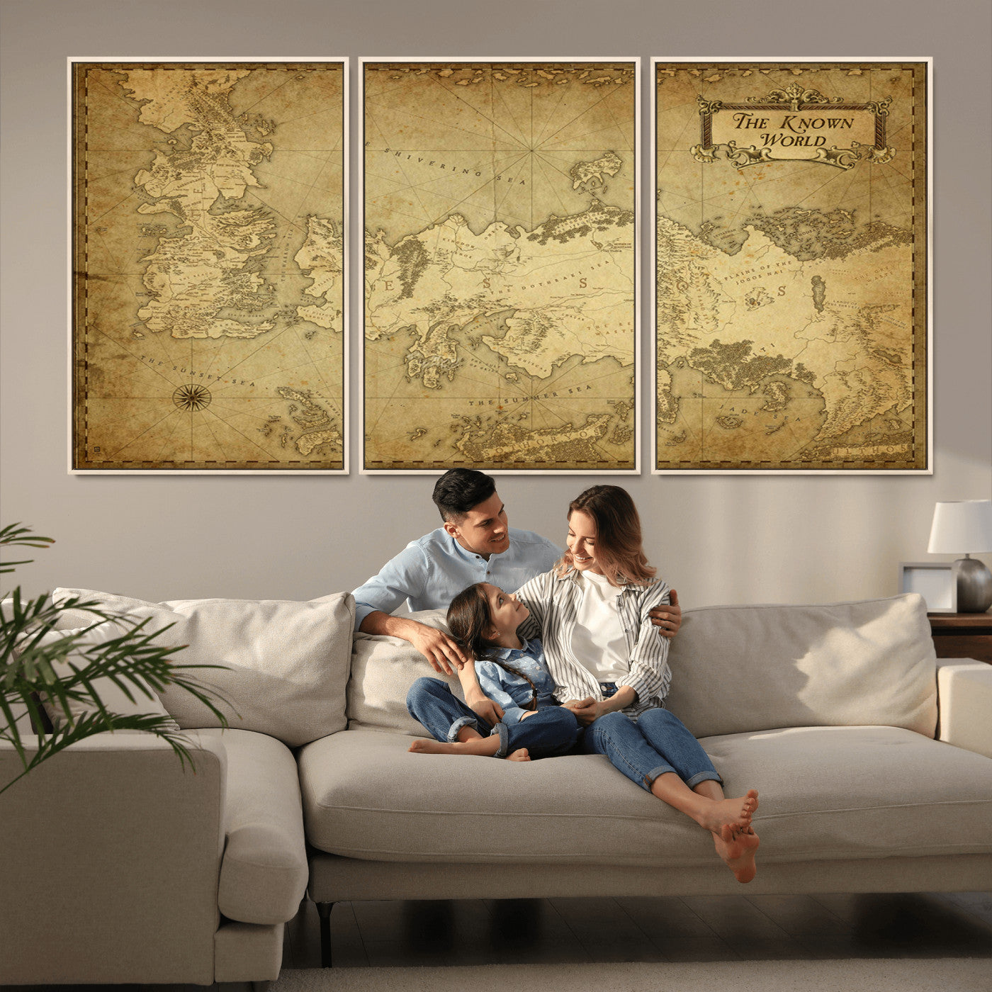 MGV-FC-60X30-3P - Vintage Game of Thrones Map Wall Art | Westeros and Essos Antique Style Print | The Known World in Triptych Canvas | Giclee Canvas for Fantasy Lovers