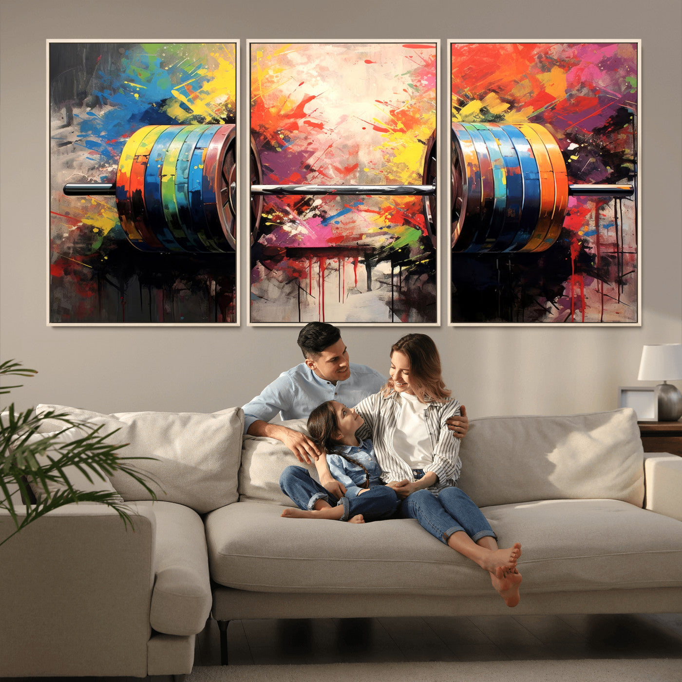 MGV-FC-60X30-3P - Weightlifting Barbell Art Triptych, Bold Abstract Fitness Wall Decor for Gym or Home, Giclee Canvas Print