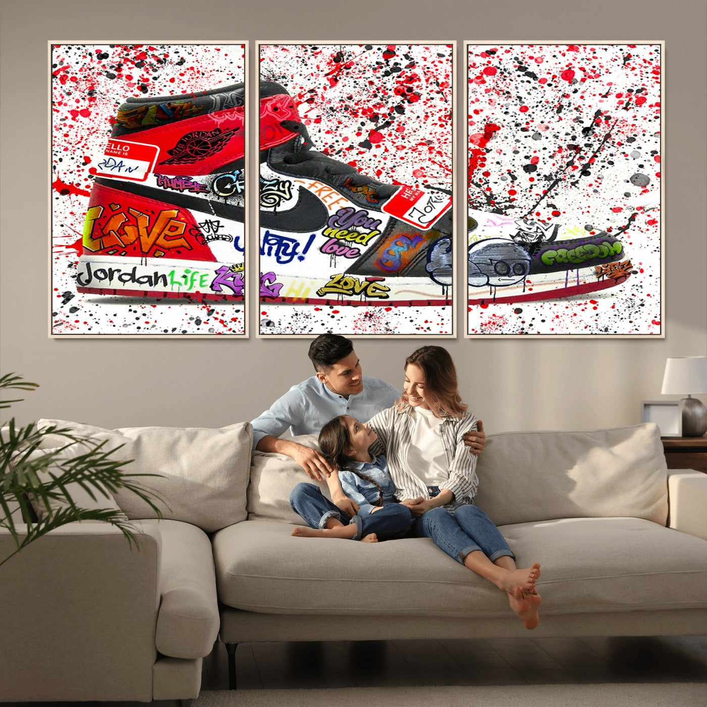 MGV-FC-60X30-3P - Jordan Shoes Graffiti Wall Art Canvas Print- Jordan Graffiti Canvas Wall Art - Framed Perfect for Sneaker heads and Urban Art Lovers