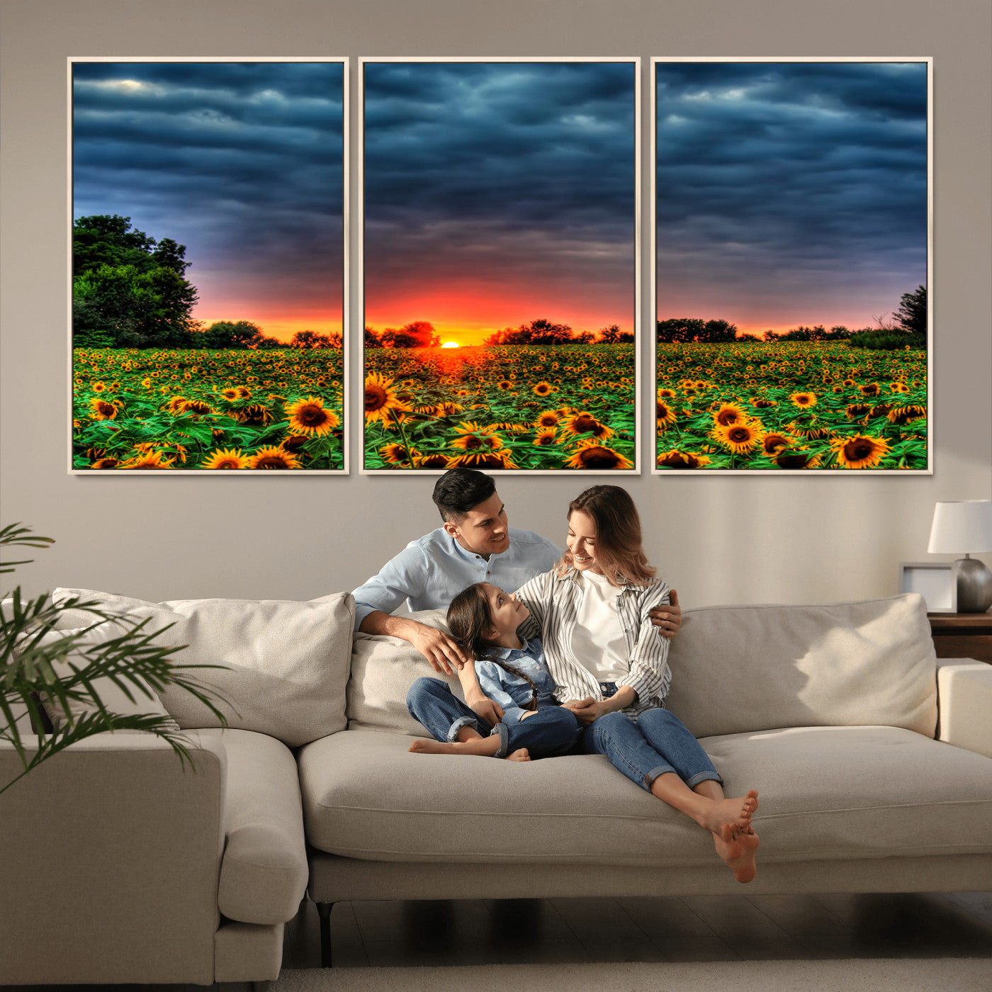MGV-FC-60X30-3P - Golden Sunflower Field at Sunset – Breathtaking Sky and Vibrant Flowers, Ready to Hang Wall Art